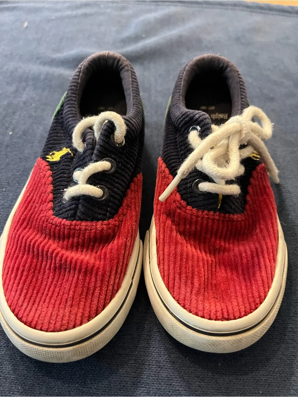 Ralph Lauren Kids Corduroy Sneakers in Red, Navy & Green with Yellow Pony